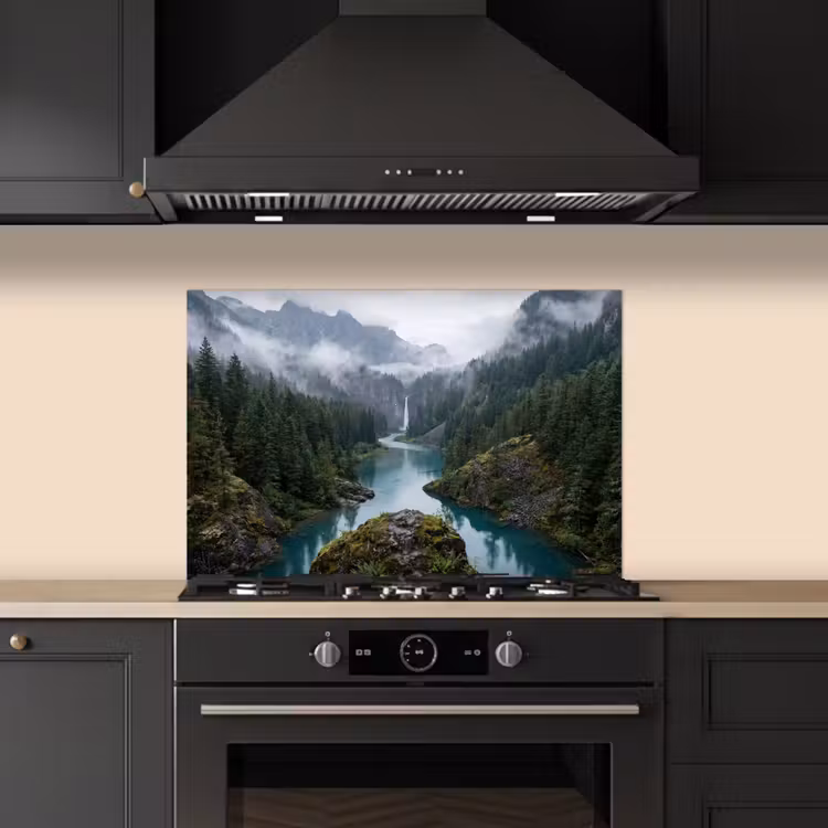 Waterval - Bomen - Bergen keuken achterwand spatscherm klein -sfeer1