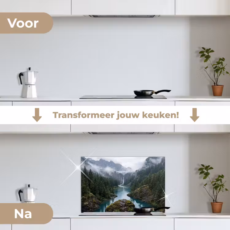Waterval - Bomen - Bergen keuken achterwand spatscherm klein -voor_na_NL