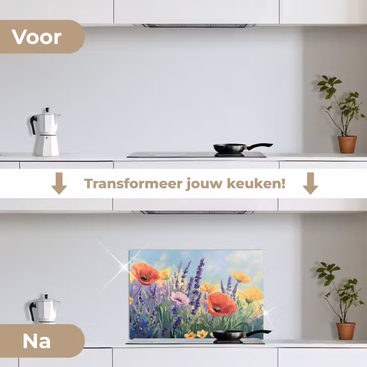 Weide - Bloemen - Kleurrijk keuken achterwand spatscherm klein -voor_na_NL