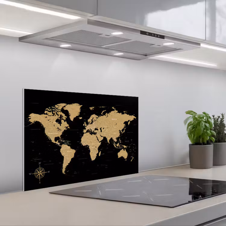 Wereldkaart - Beige - Zwart keuken achterwand spatscherm klein -3d_schuin
