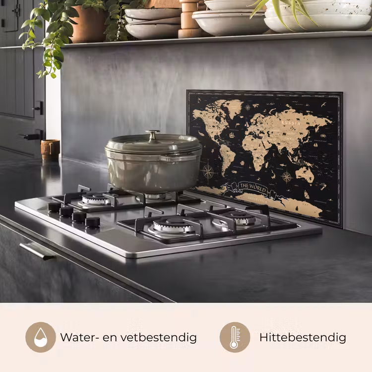 Wereldkaart - Beige - Zwart keuken achterwand spatscherm klein -usp_NL
