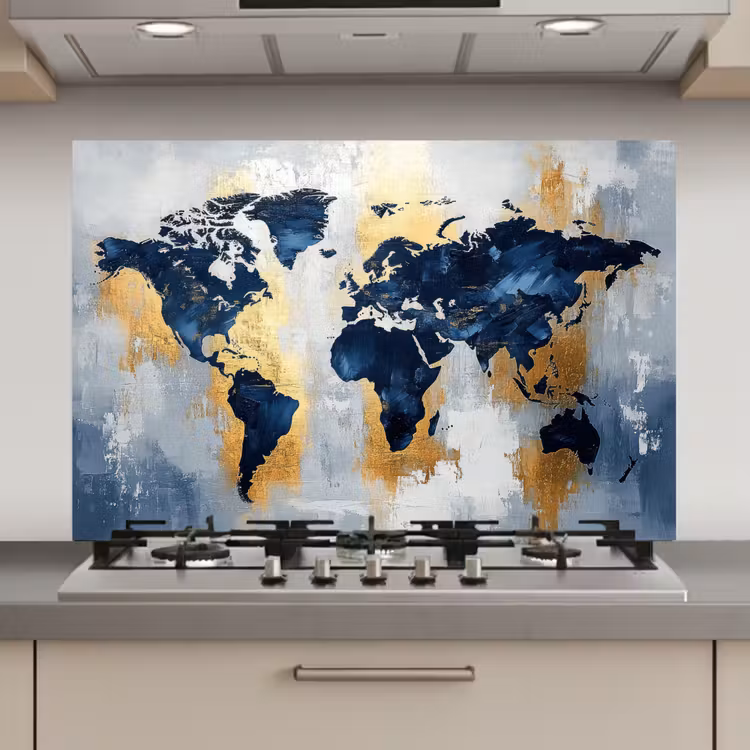 Wereldkaart - Blauw - Abstract keuken achterwand spatscherm klein -3d_website