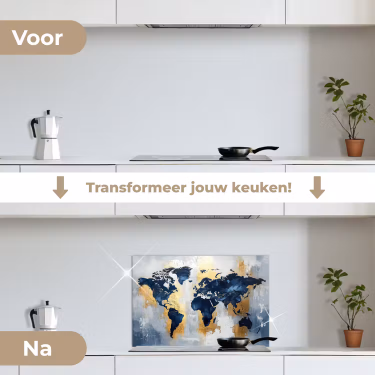 Wereldkaart - Blauw - Abstract keuken achterwand spatscherm klein -voor_na_NL