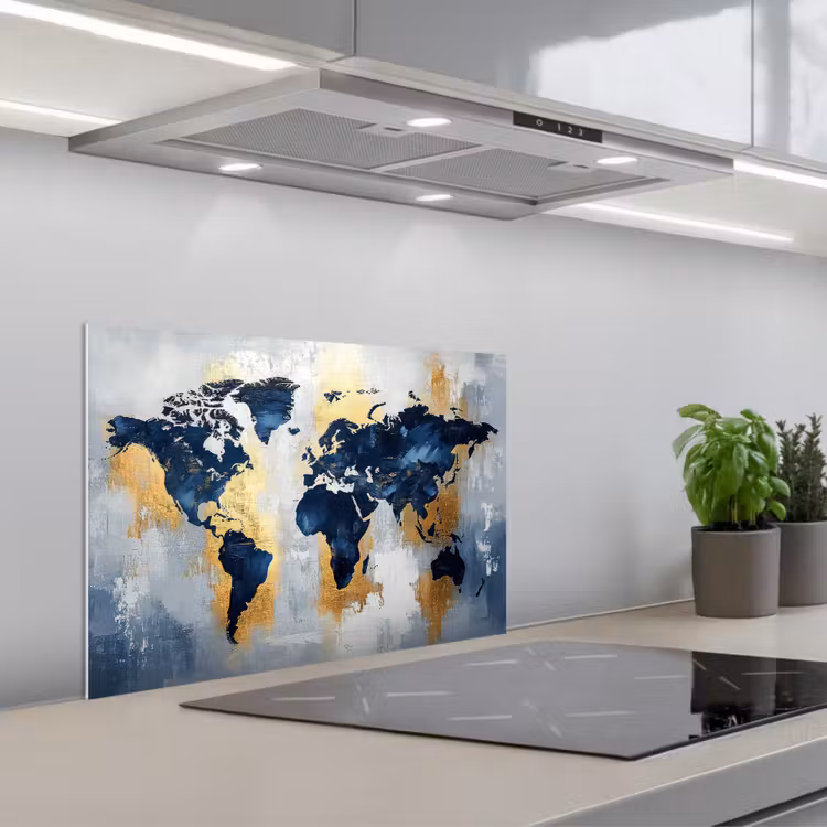 Wereldkaart - Blauw - Abstract keuken achterwand spatscherm klein -3d_schuin