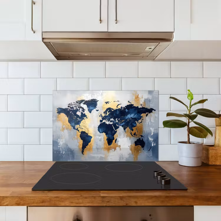 Wereldkaart - Blauw - Abstract keuken achterwand spatscherm klein -sfeer2