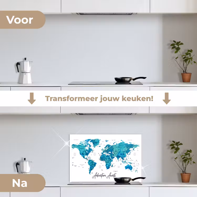 Wereldkaart - Blauw - Kleurrijk keuken achterwand spatscherm klein -voor_na_NL