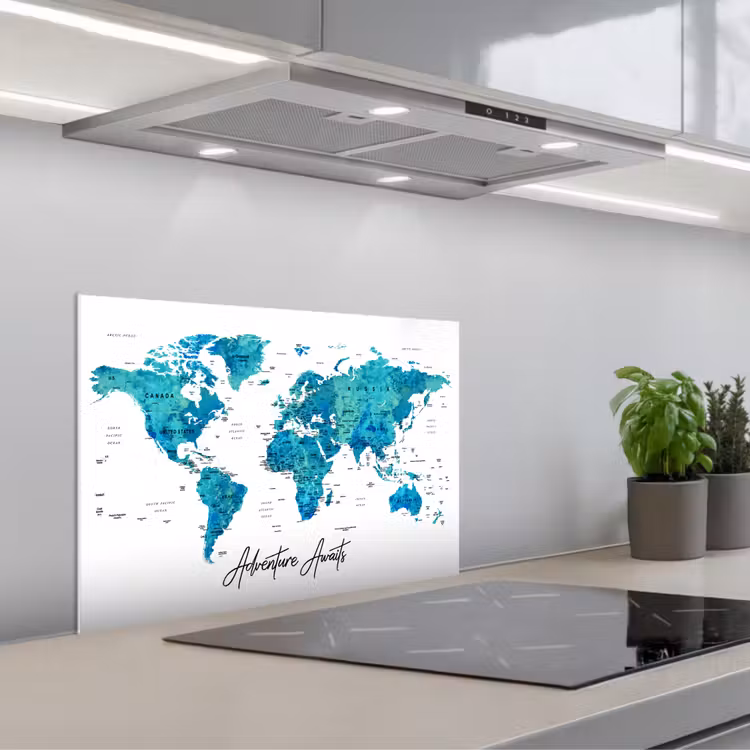 Wereldkaart - Blauw - Kleurrijk keuken achterwand spatscherm klein -3d_schuin