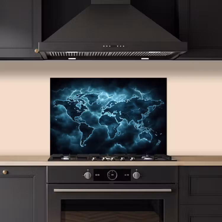 Wereldkaart - Bliksem - Blauw keuken achterwand spatscherm klein -sfeer1