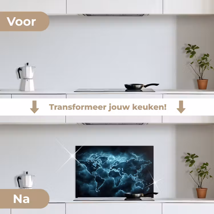 Wereldkaart - Bliksem - Blauw keuken achterwand spatscherm klein -voor_na_NL