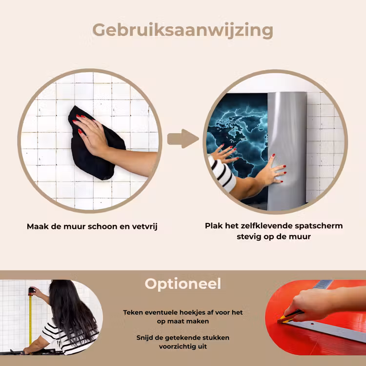 Wereldkaart - Bliksem - Blauw keuken achterwand spatscherm klein -gebruiksaanwijzing_NL