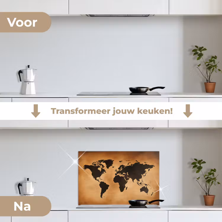 Wereldkaart - Bruin - Kaart keuken achterwand spatscherm klein -voor_na_NL