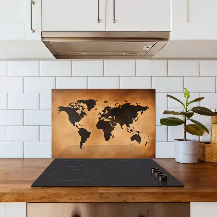 Wereldkaart - Bruin - Kaart keuken achterwand spatscherm klein -sfeer2