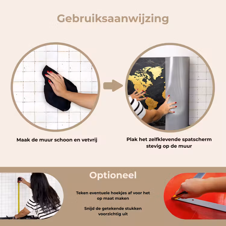 Wereldkaart - Goud - Marmer keuken achterwand spatscherm klein -gebruiksaanwijzing_NL