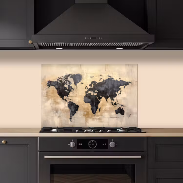 Wereldkaart - Goud - Zwart - Abstract keuken achterwand spatscherm klein -sfeer1