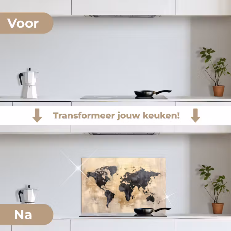 Wereldkaart - Goud - Zwart - Abstract keuken achterwand spatscherm klein -voor_na_NL