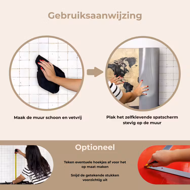 Wereldkaart - Goud - Zwart - Abstract keuken achterwand spatscherm klein -gebruiksaanwijzing_NL