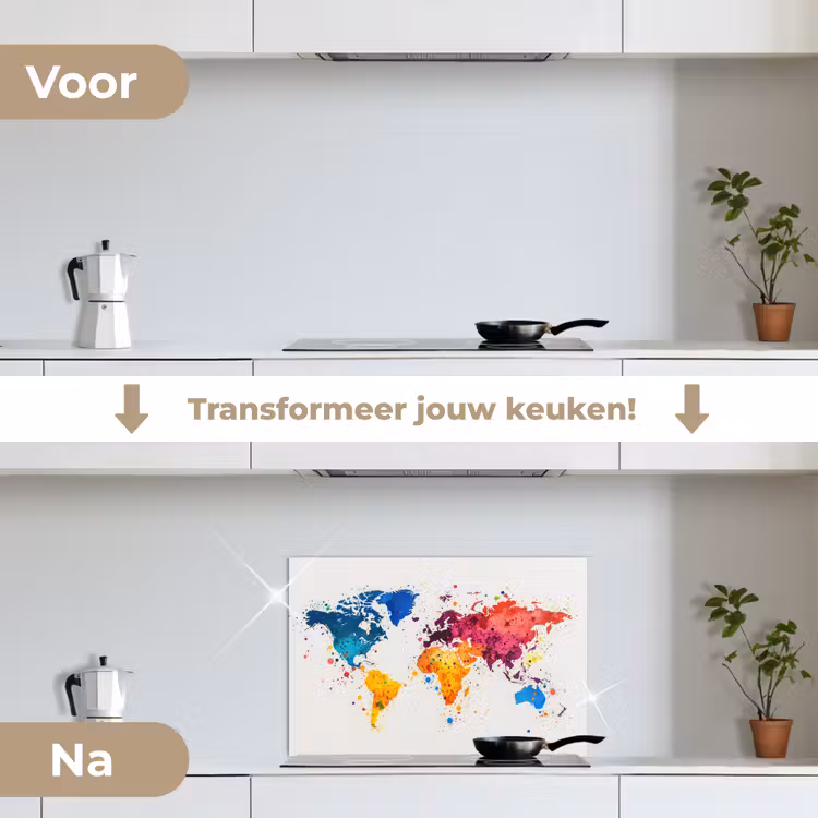 Wereldkaart - Graffiti - Kleurrijk keuken achterwand spatscherm klein -voor_na_NL