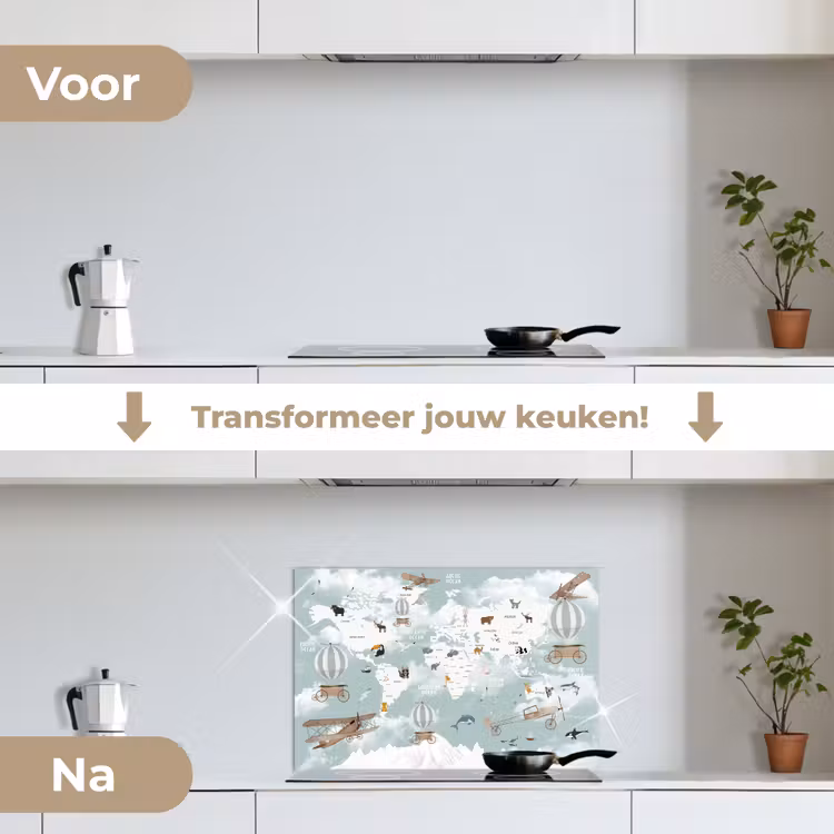 Wereldkaart - Kind - Vliegtuig keuken achterwand spatscherm klein -voor_na_NL