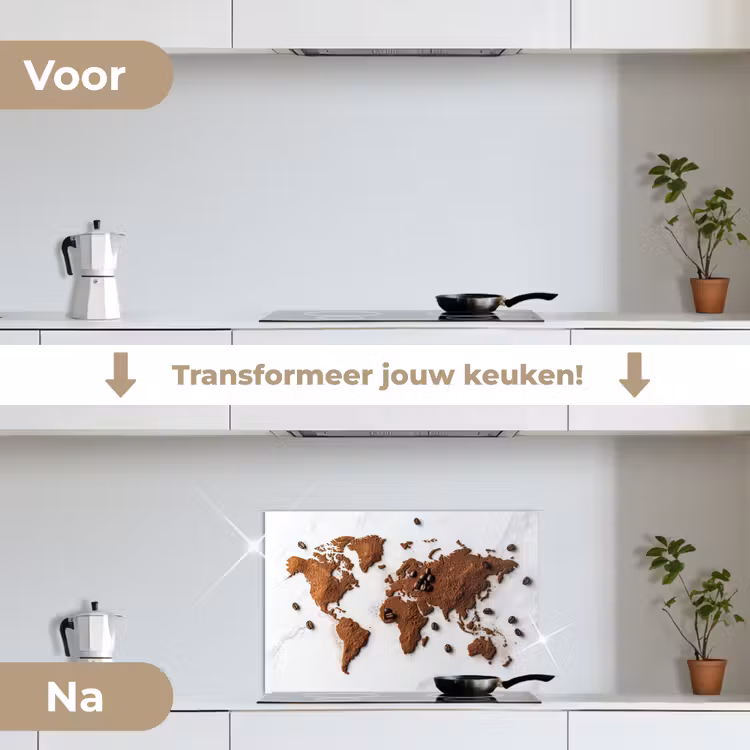 Wereldkaart - Koffie - Marmer keuken achterwand spatscherm klein -voor_na_NL