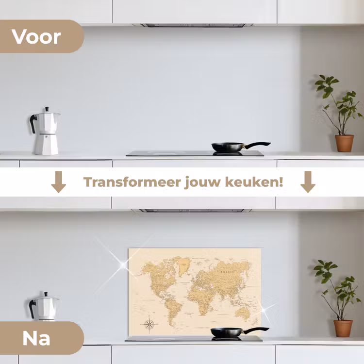 Wereldkaart - Realistisch - Beige keuken achterwand spatscherm klein -voor_na_NL