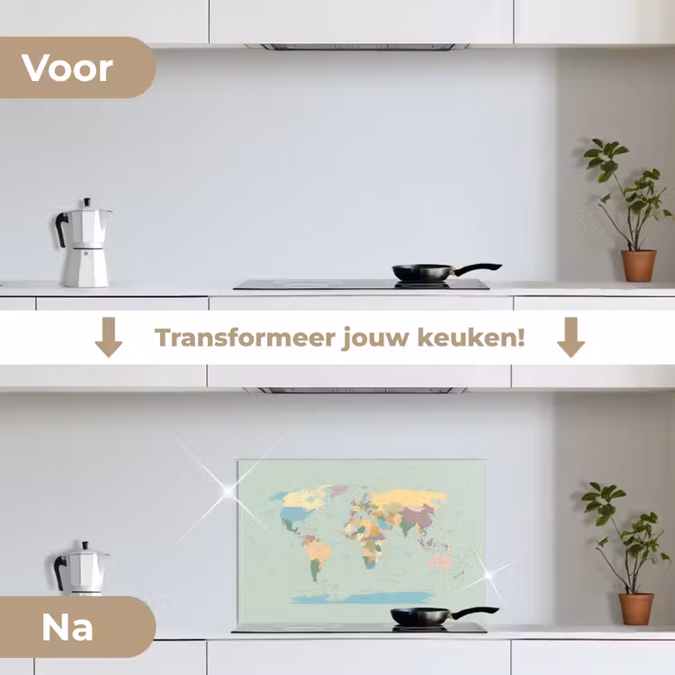 Wereldkaart - Realistisch - Kaart keuken achterwand spatscherm klein -voor_na_NL