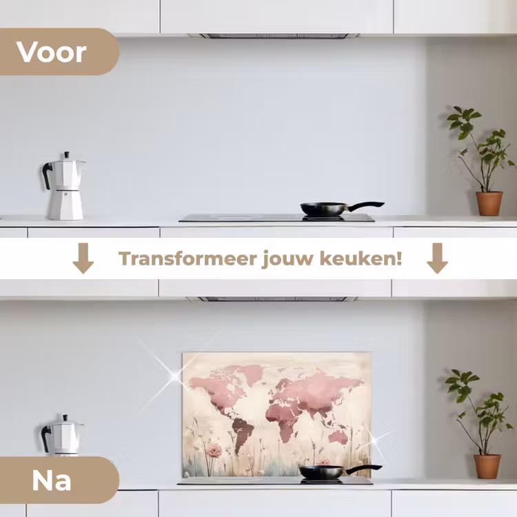 Wereldkaart - Roze - Bloemen keuken achterwand spatscherm klein -voor_na_NL