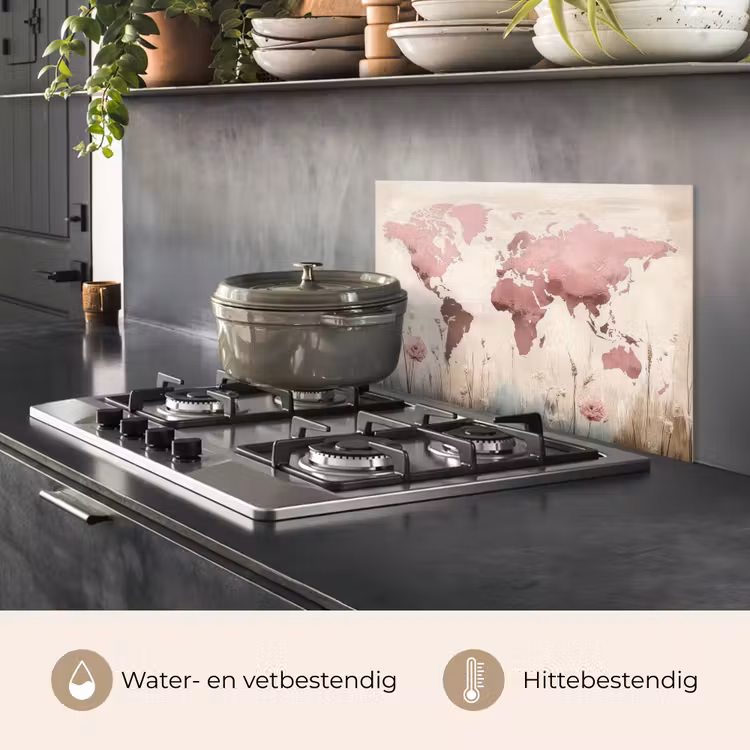 Wereldkaart - Roze - Bloemen keuken achterwand spatscherm klein -usp_NL