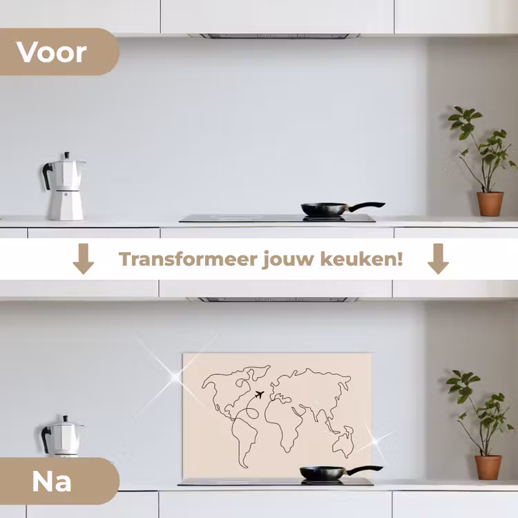 Wereldkaart - Simpel - Vliegtuig keuken achterwand spatscherm klein -voor_na_NL