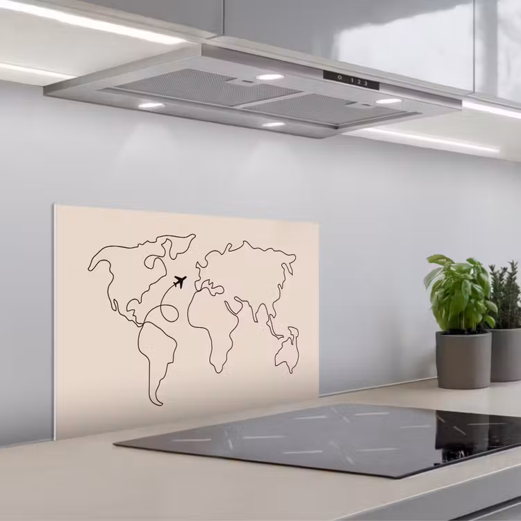 Wereldkaart - Simpel - Vliegtuig keuken achterwand spatscherm klein -3d_schuin
