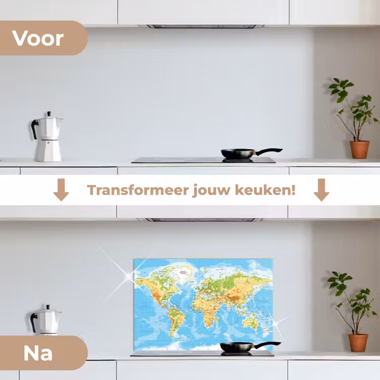 Wereldkaart - Staatkundig - Blauw - Aarde - Educatief keuken achterwand spatscherm klein -voor_na_NL