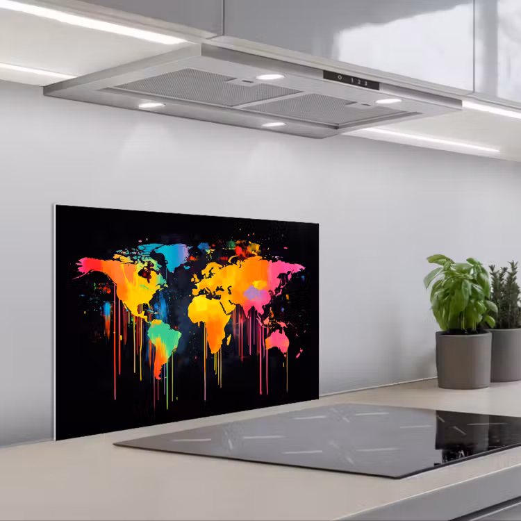 Wereldkaart - Verf - Kleurrijk - Graffiti - Wereld keuken achterwand spatscherm klein -3d_schuin