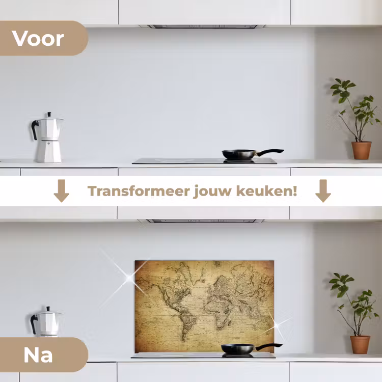 Wereldkaart - Vintage - Antiek - Bruin - Papier keuken achterwand spatscherm klein -voor_na_NL