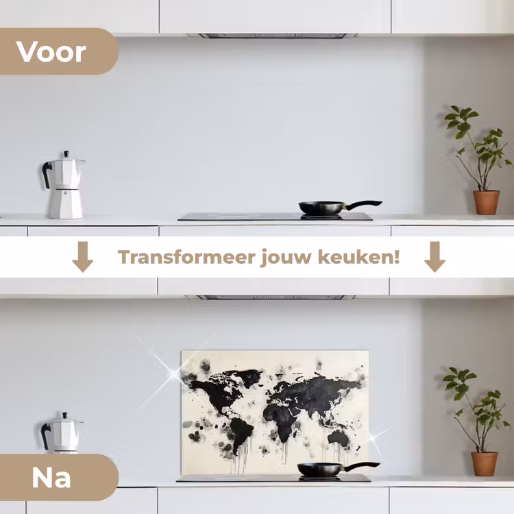Wereldkaart - Zwart - Inkt keuken achterwand spatscherm klein -voor_na_NL