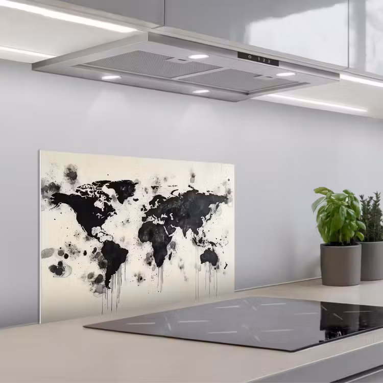 Wereldkaart - Zwart - Inkt keuken achterwand spatscherm klein -3d_schuin