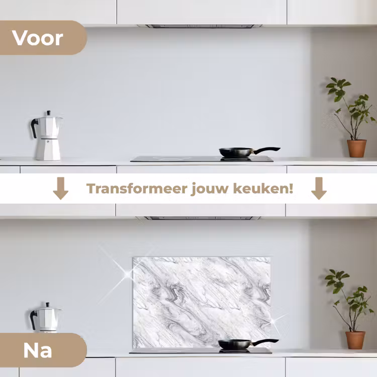Wervelende - Grijsstructuur - Marmer - Wit keuken achterwand spatscherm klein 900 -voor_na_NL