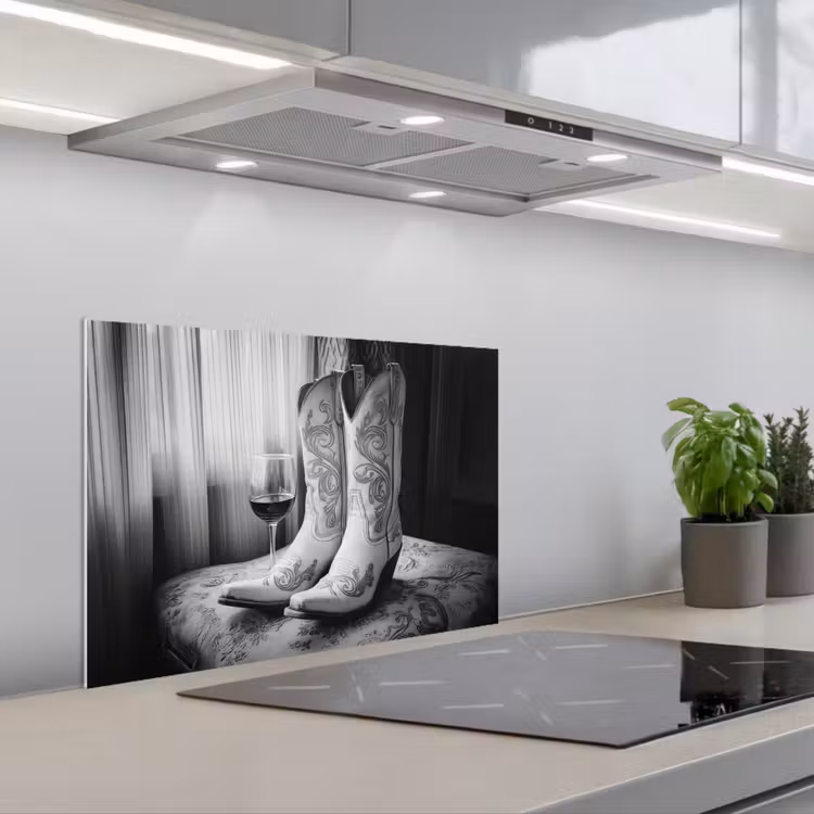 Wijn - Cowboylaarzen - Raamlicht - Wit keuken achterwand spatscherm klein -3d_schuin