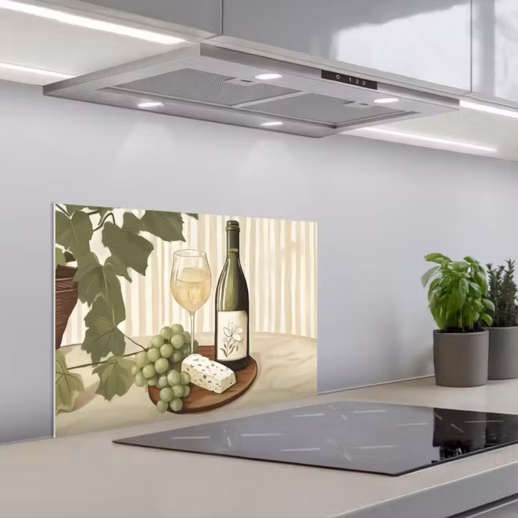 Wijn - Druiven - Kaas - Bladeren keuken achterwand spatscherm klein -3d_schuin