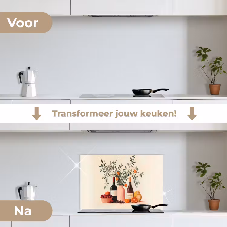 Wijnflessen - Takken - Sinaasappels keuken achterwand spatscherm klein -voor_na_NL