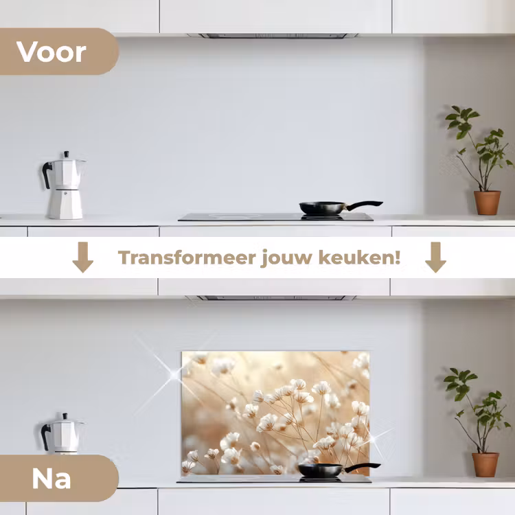 Wilde - Bloemen - Wit keuken achterwand spatscherm klein -voor_na_NL