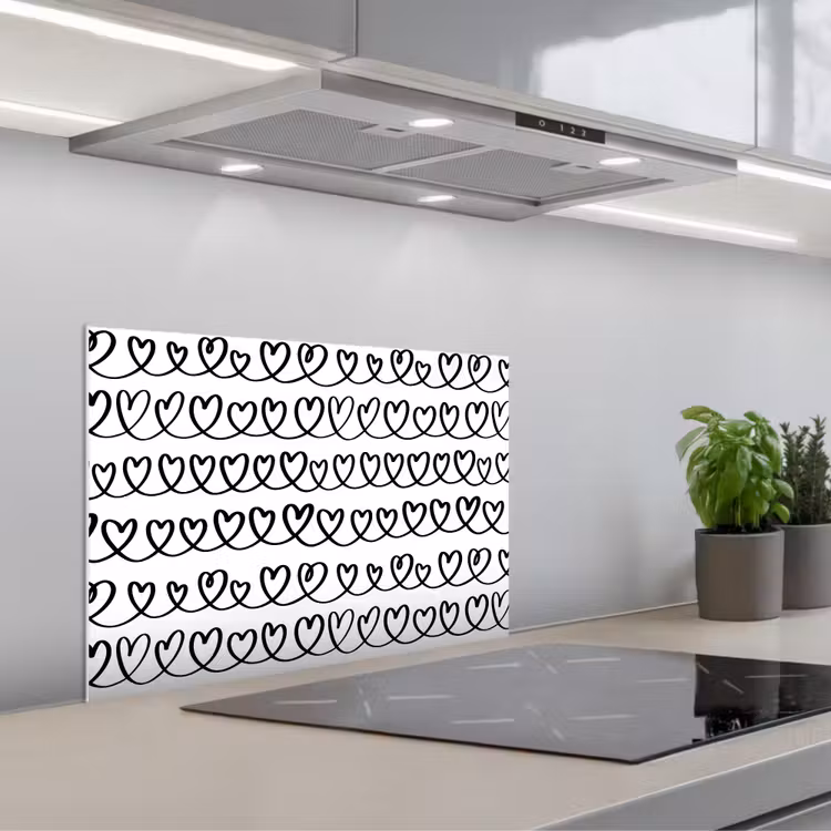 Wit - Harten - Verweven - Zwart keuken achterwand spatscherm klein 900 -3d_schuin