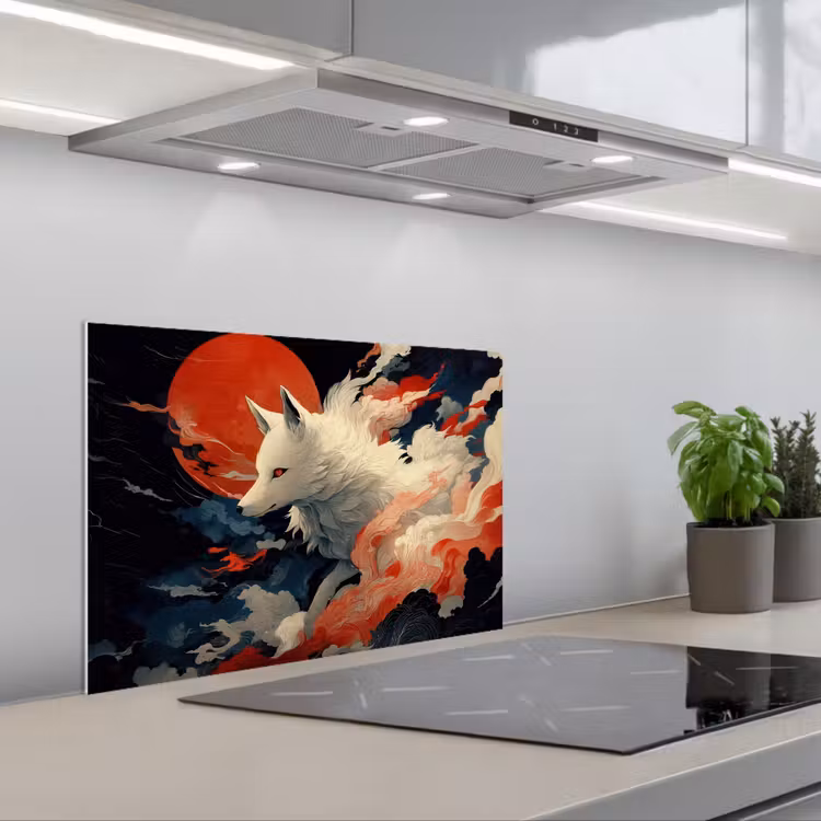 Witte vos - wolken - maan keuken achterwand spatscherm klein -3d_schuin
