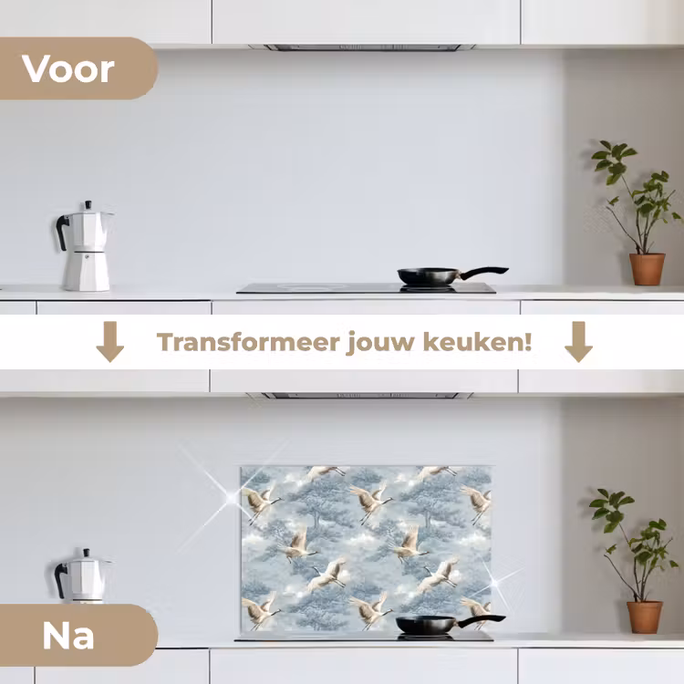 Wolken - Kraanvogels - Blauw keuken achterwand spatscherm klein 900 -voor_na_NL
