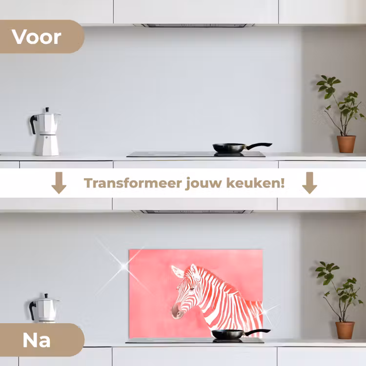 Zebra - Pink - Verf keuken achterwand spatscherm klein -voor_na_NL