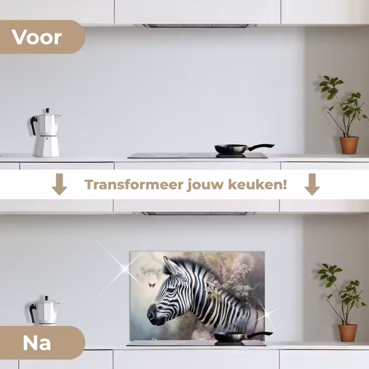 Zebra - Wilde dieren - Vlinder - Bloemen keuken achterwand spatscherm klein -voor_na_NL