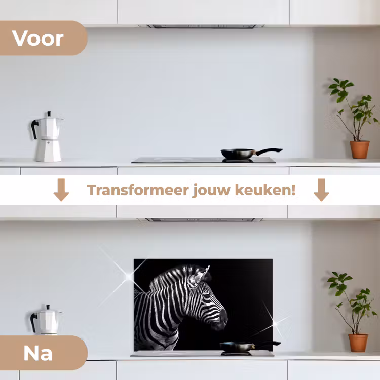 Zebra - Zwart - Wit - Portret - Dieren keuken achterwand spatscherm klein -voor_na_NL