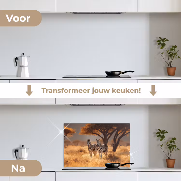 Zebra's - Savannelandschap - Gras keuken achterwand spatscherm klein -voor_na_NL