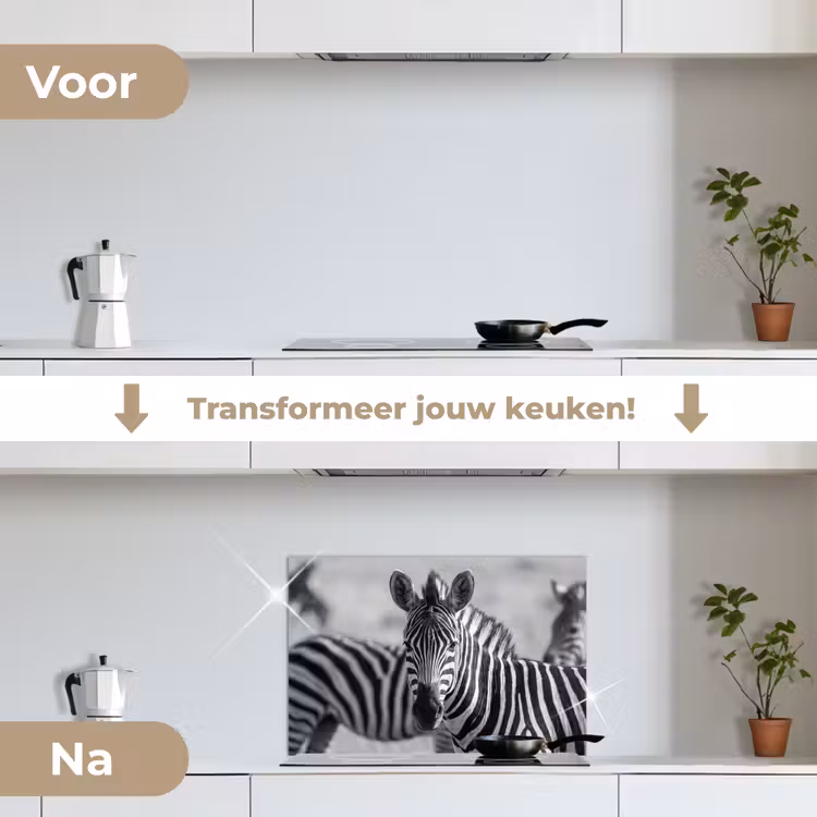 Zebra's - Zwart - Wit keuken achterwand spatscherm klein -voor_na_NL