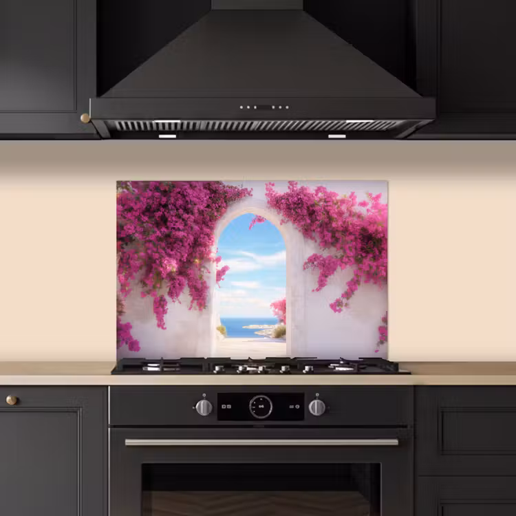 Zee - Roze - Bloemen - Poort keuken achterwand spatscherm klein -sfeer1