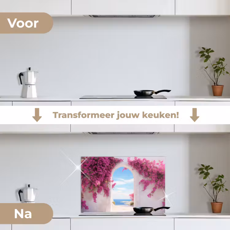 Zee - Roze - Bloemen - Poort keuken achterwand spatscherm klein -voor_na_NL