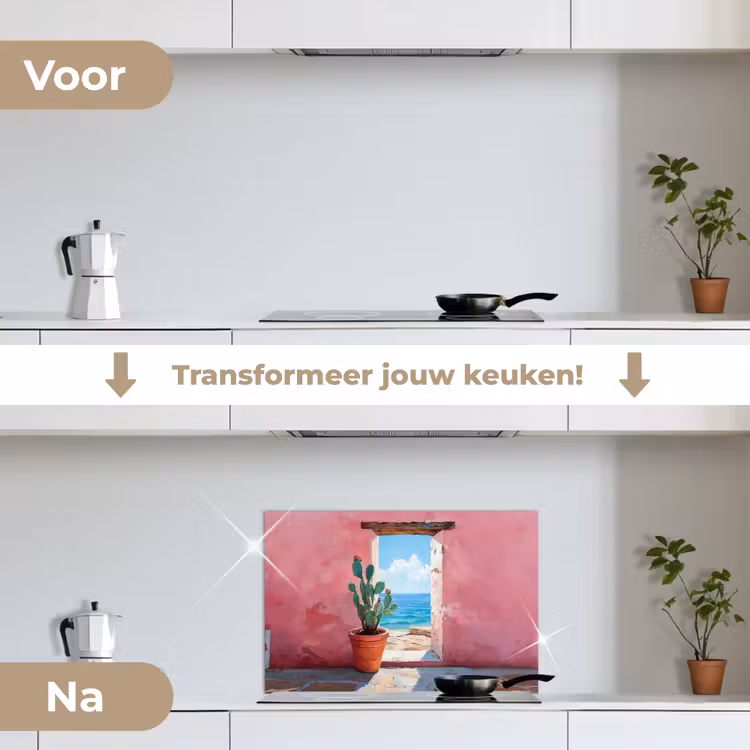 Zee - Roze - Cactus keuken achterwand spatscherm klein -voor_na_NL